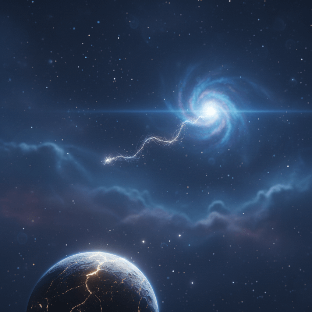 Glowing electric energy connecting a cracked planet to a bright spiral galaxy in space.