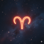 Glowing red Aries zodiac symbol against a dark starry space background