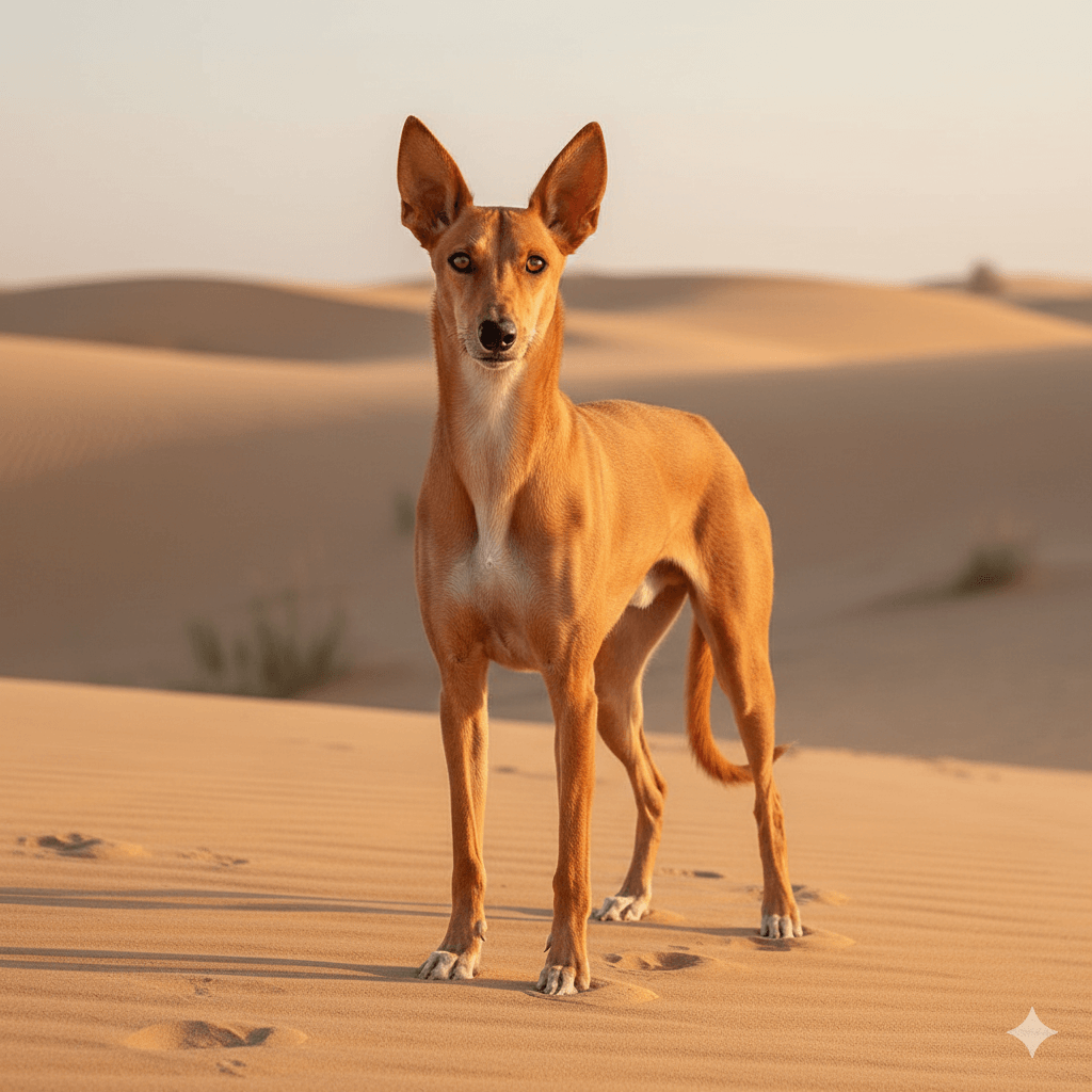 Pharaoh Hound standing alert on sand dunes in a desert landscape at sunset