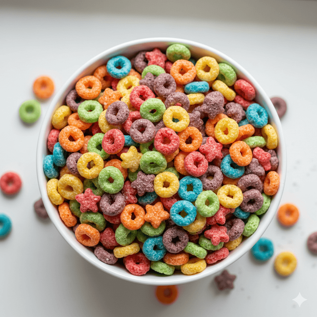 Bowl of colorful fruit-flavored cereal loops and star shapes on a white surface.