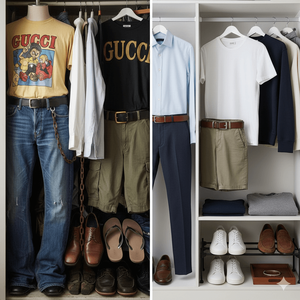Closet with two Gucci graphic t-shirts, casual and formal outfits, and various shoes neatly arranged on shelves.