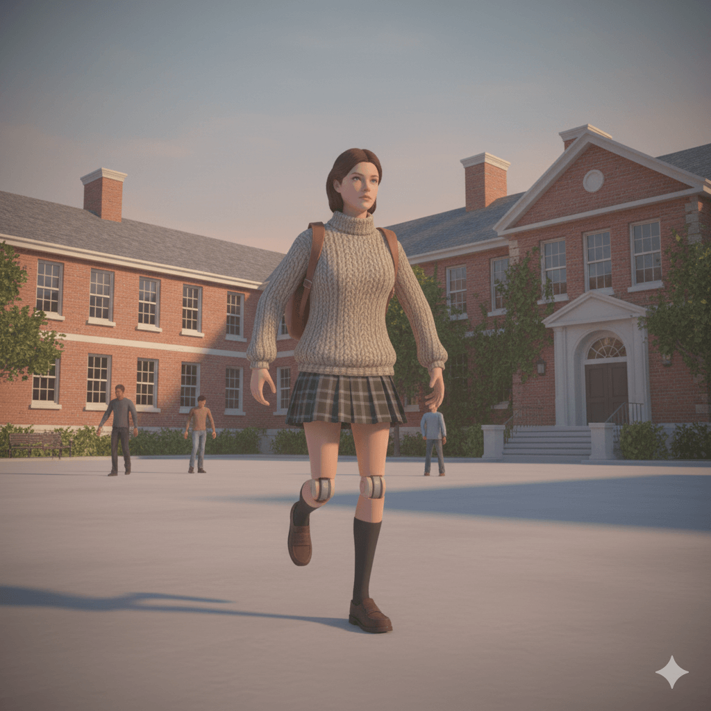Young woman wearing a sweater, plaid skirt, and knee braces walking on a college campus courtyard at sunset.