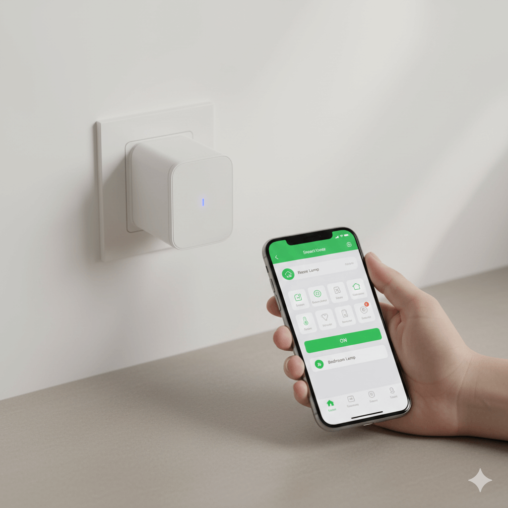 Hand holding smartphone with smart home app controlling a white smart plug in a wall outlet