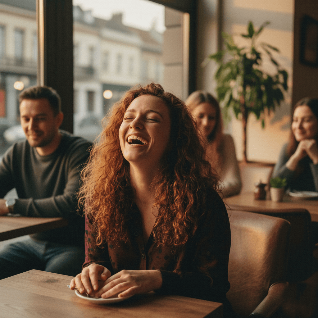 Young woman with curly red hair laughing while sitting at a table in a cafe with three other people in the background