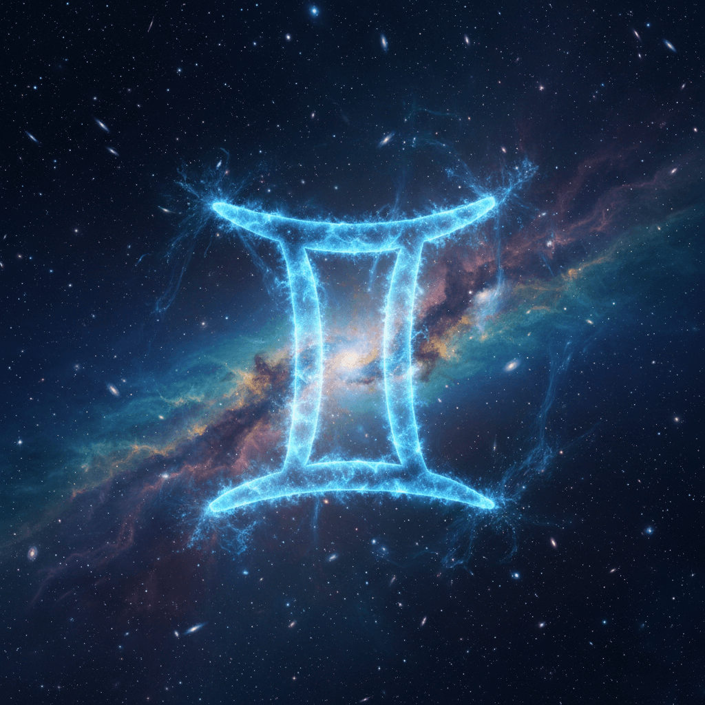 Glowing blue Gemini zodiac symbol formed by cosmic energy against a star-filled galaxy background