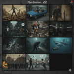 Collage of PlayStation 2 game scenes including Shadow the Hedgehog, a shark attack, and various action and combat scenarios.