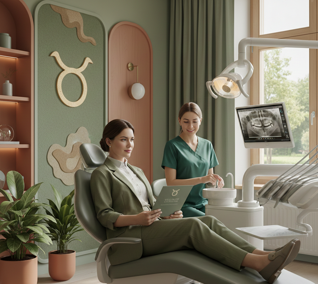 Dentist in green scrubs preparing for dental exam with patient in olive suit holding a brochure in modern clinic