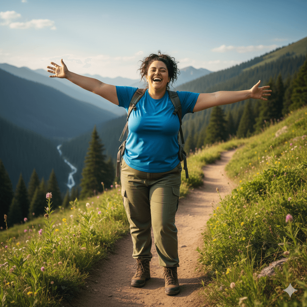 Smiling woman in blue shirt and hiking boots with backpack walking on mountain trail with arms outstretched