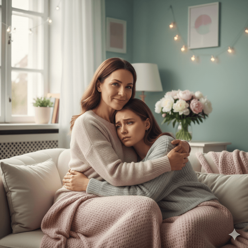 Mother comforting her sad teenage daughter on a couch wrapped in pink blankets in a cozy living room.