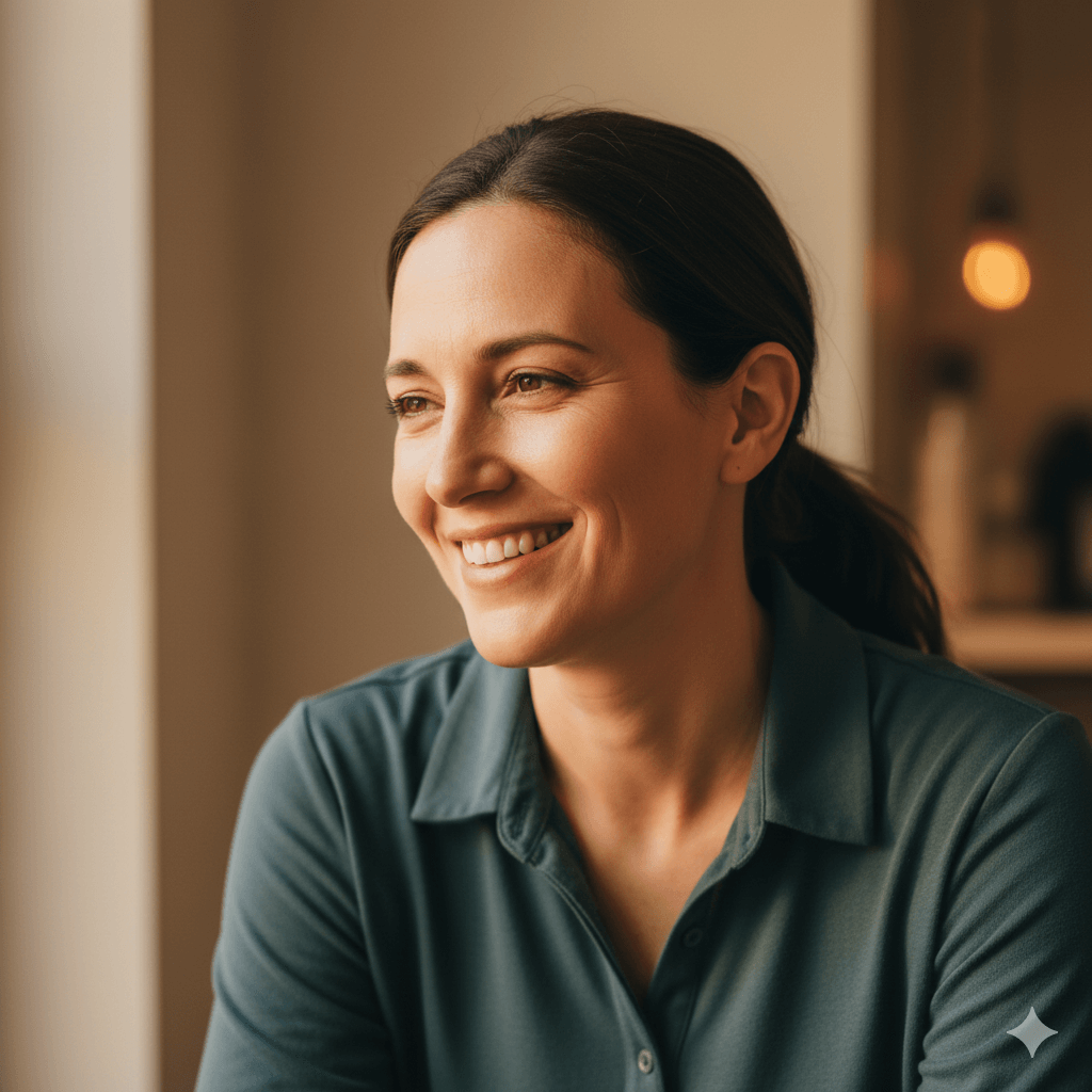 Smiling woman with dark hair in a ponytail wearing a green collared shirt looking to the side indoors