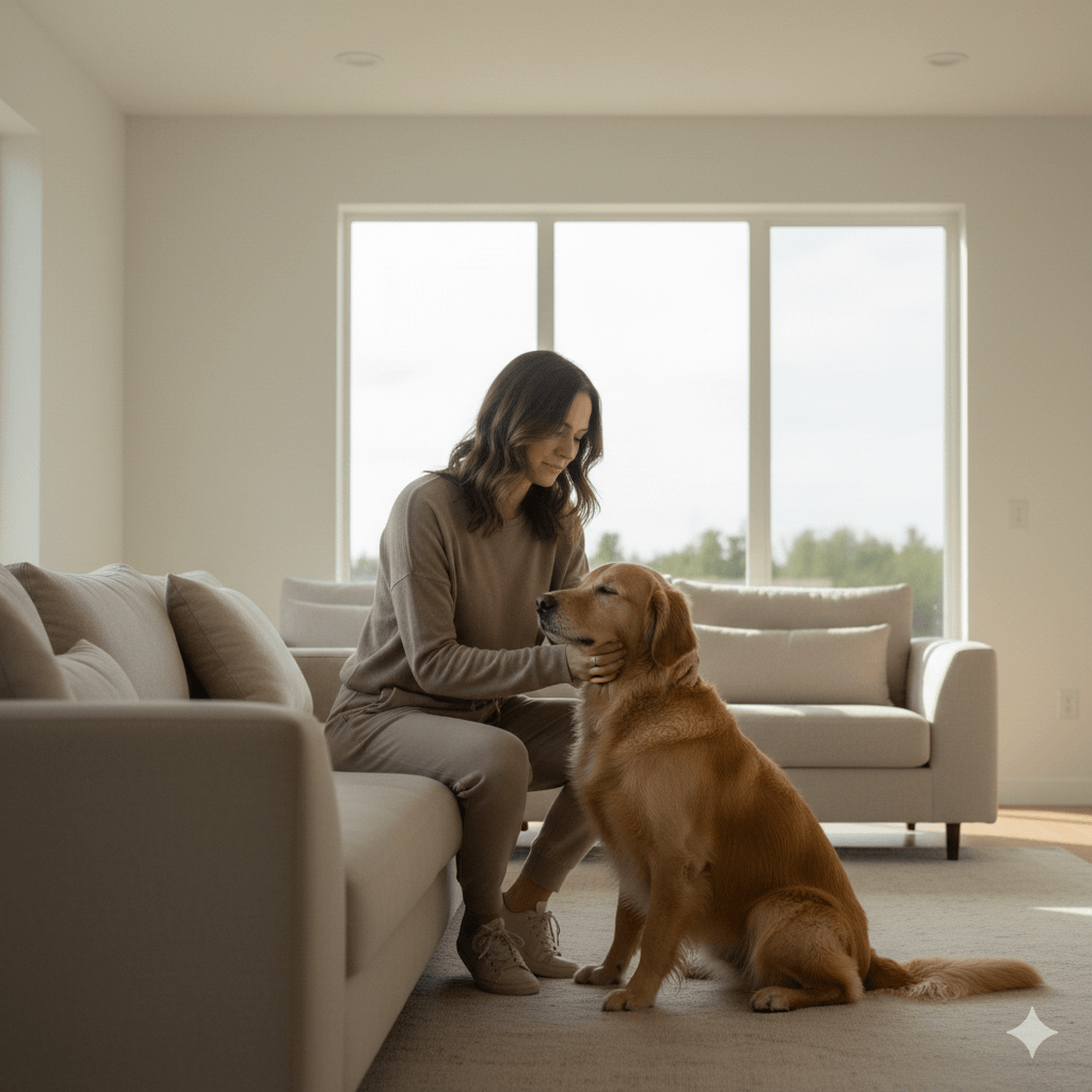 Woman in beige outfit sitting on a sofa petting a golden retriever in a bright living room