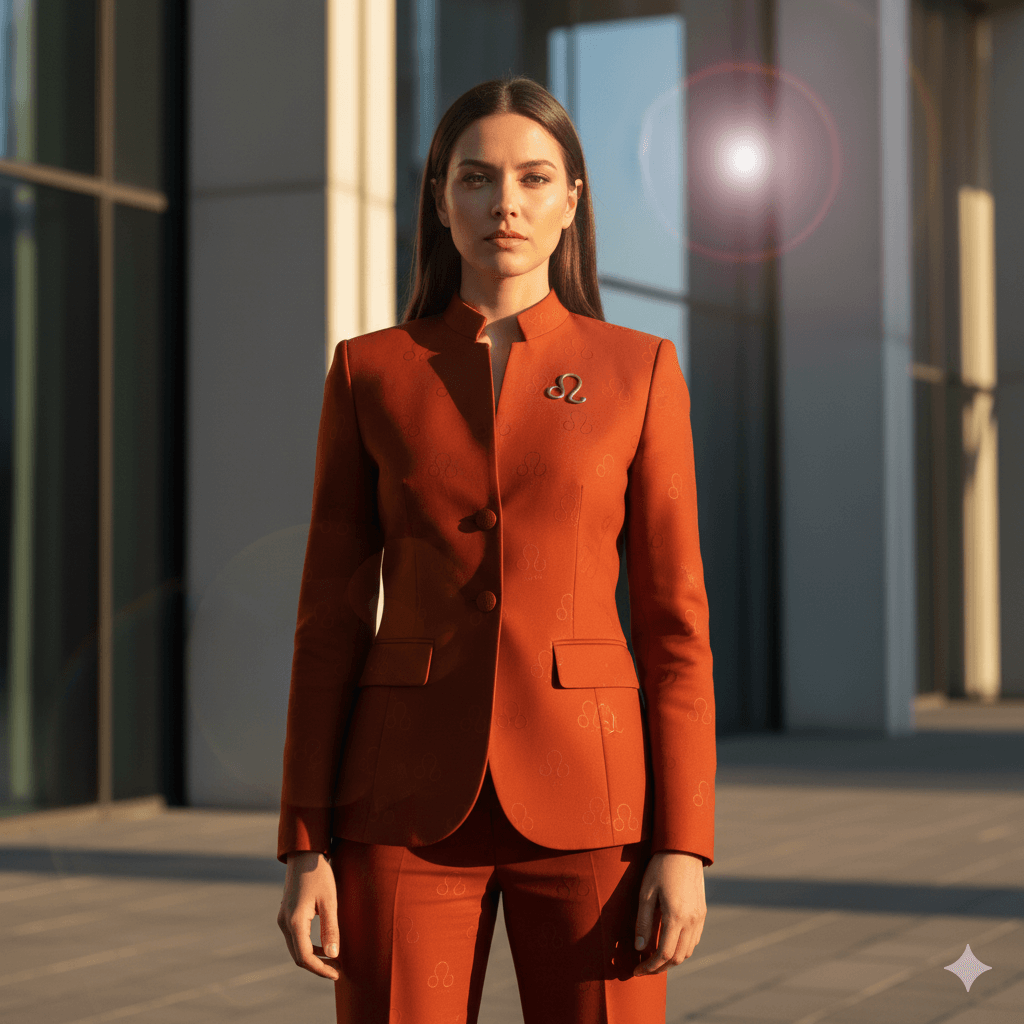 Woman in a tailored rust-colored suit with a Lululemon logo pin standing outdoors in sunlight.
