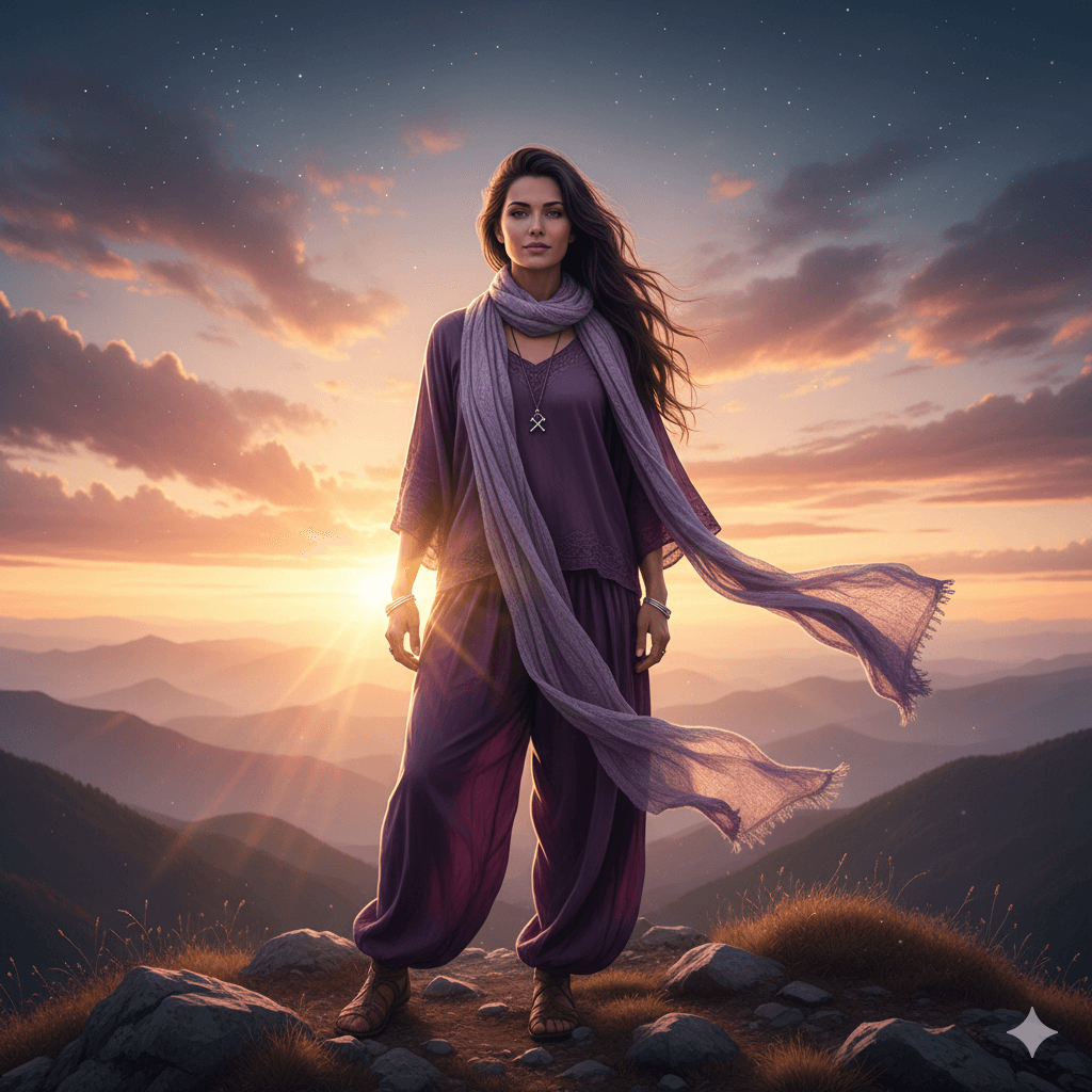 Woman in flowing purple outfit and scarf standing on a mountain at sunset with sun rays and clouds in the background.