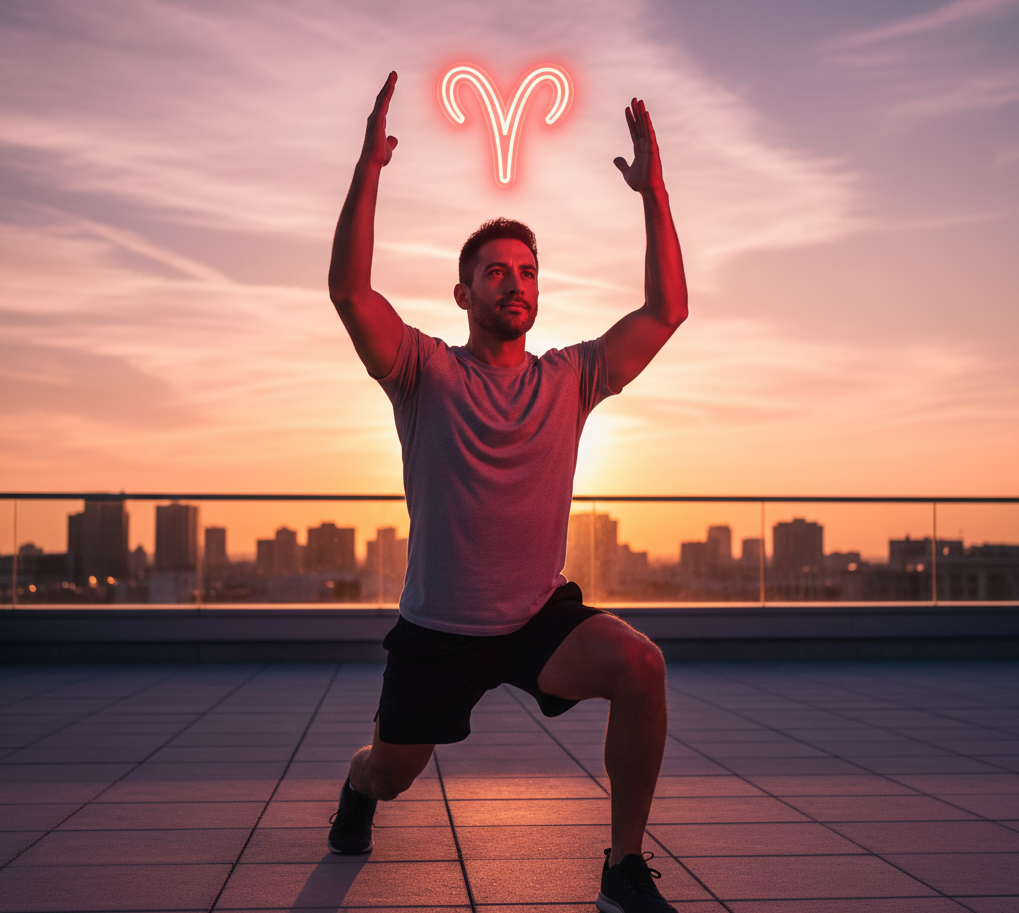 Man in athletic wear lunging with arms raised under glowing Aries zodiac symbol at sunset on rooftop