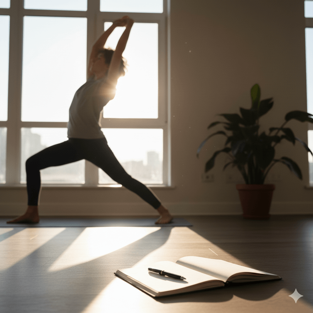 Person practicing yoga in warrior pose near large windows with open notebook and pen on floor