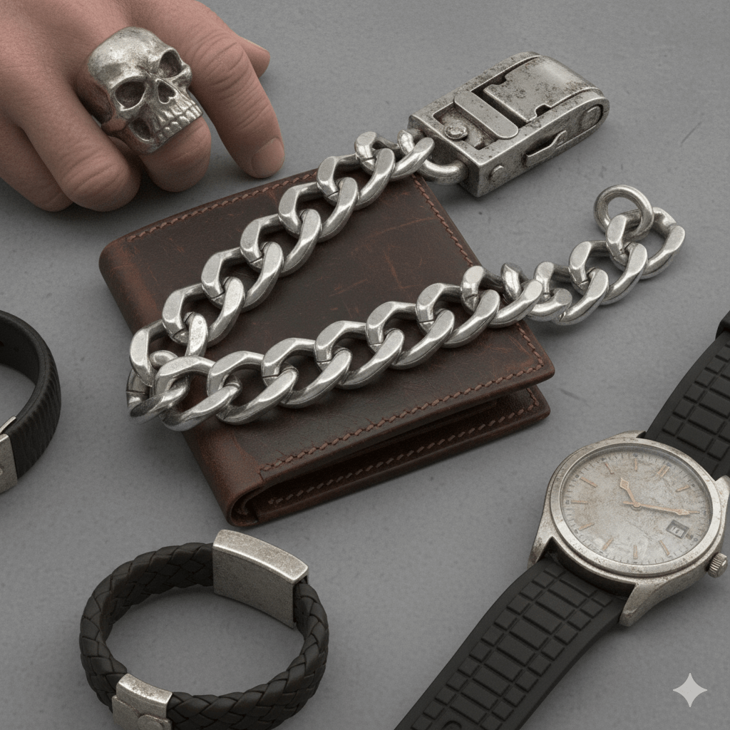 Brown leather wallet with a thick silver chain, skull ring on finger, black braided bracelet, and silver watch with black strap on gray surface.