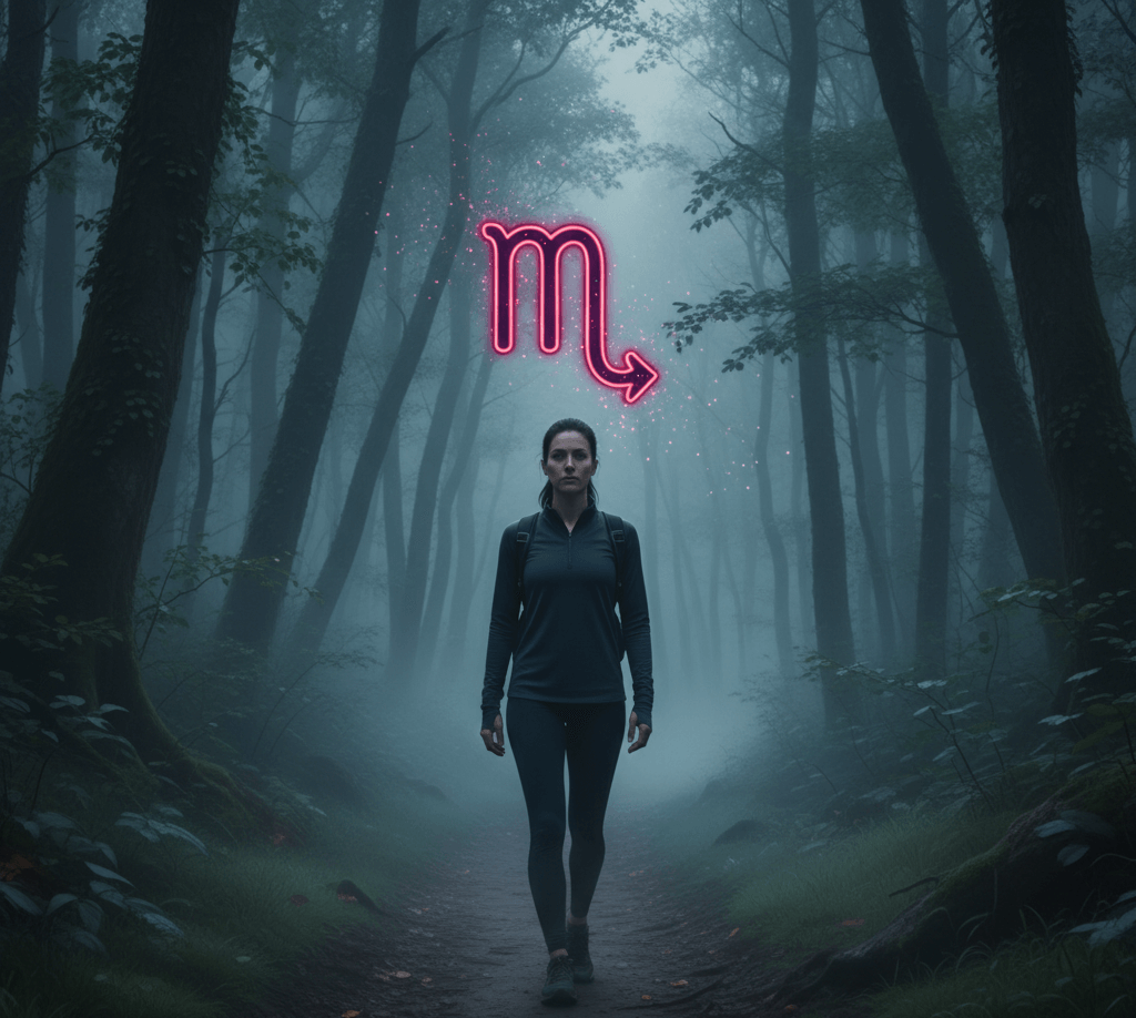 Woman walking on foggy forest path with glowing neon Scorpio zodiac symbol above her head