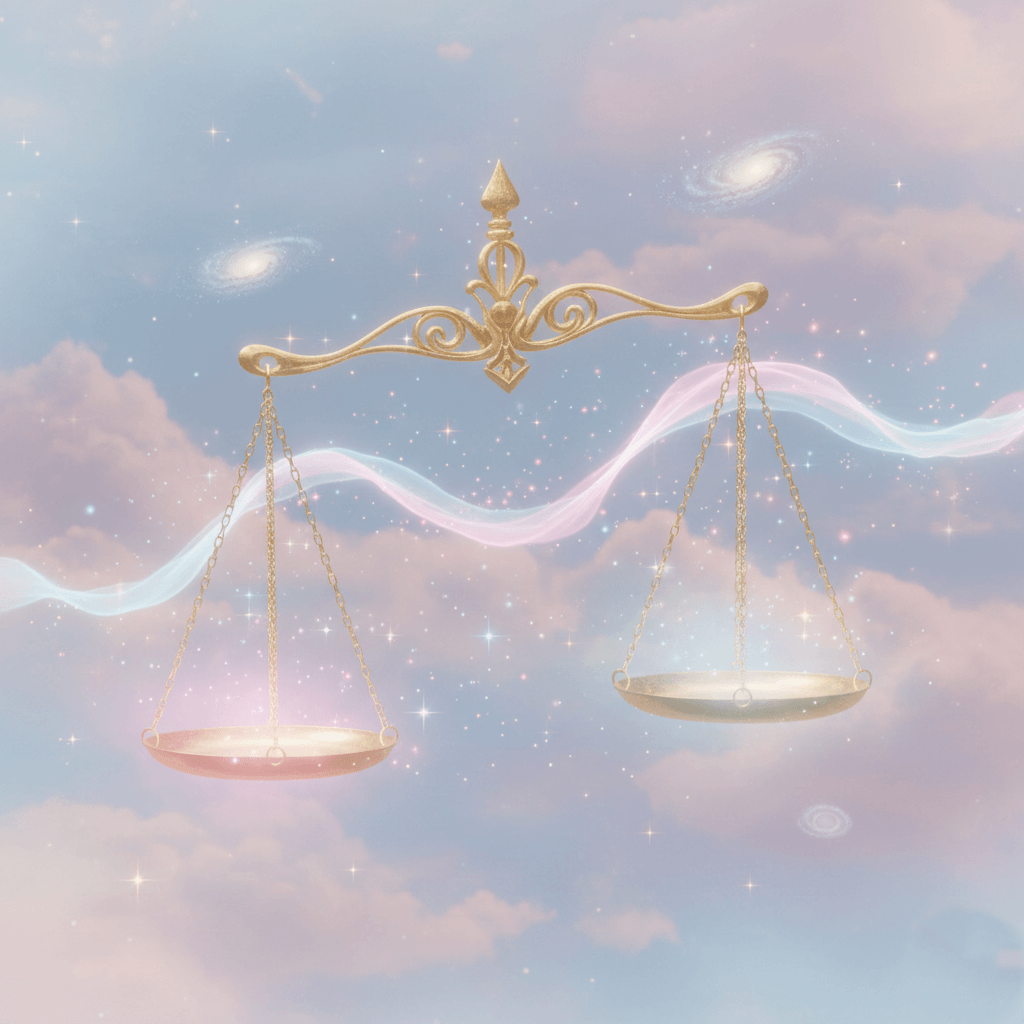 Golden balance scale floating in a dreamy sky with galaxies and pastel clouds background