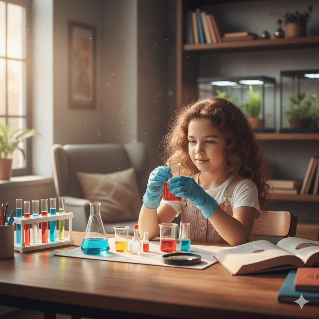 Young girl wearing blue gloves conducting a colorful chemistry experiment at a wooden table with books and plants nearby