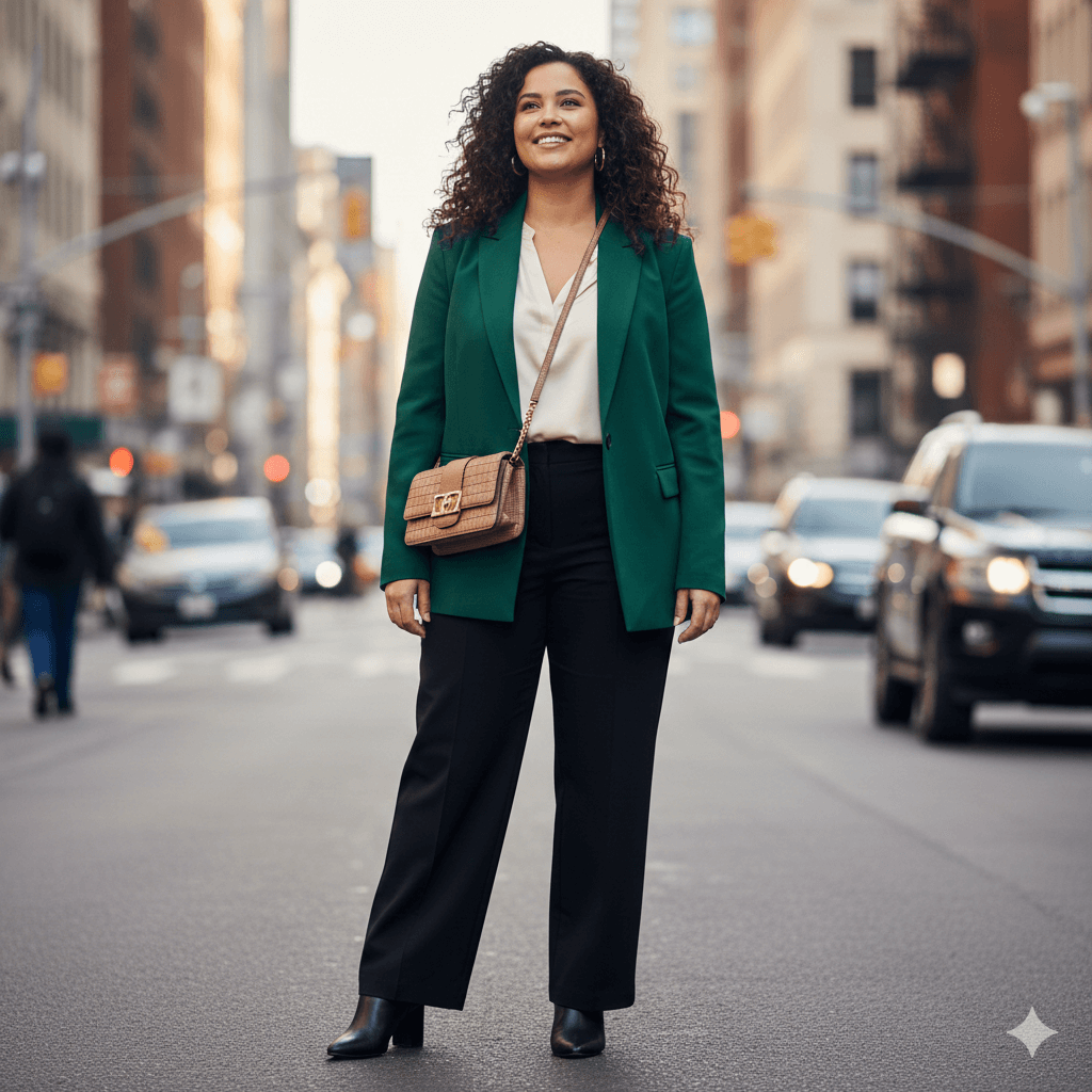 Smiling woman in green blazer, white blouse, black pants, and ankle boots standing on a city street with a tan crossbody bag.