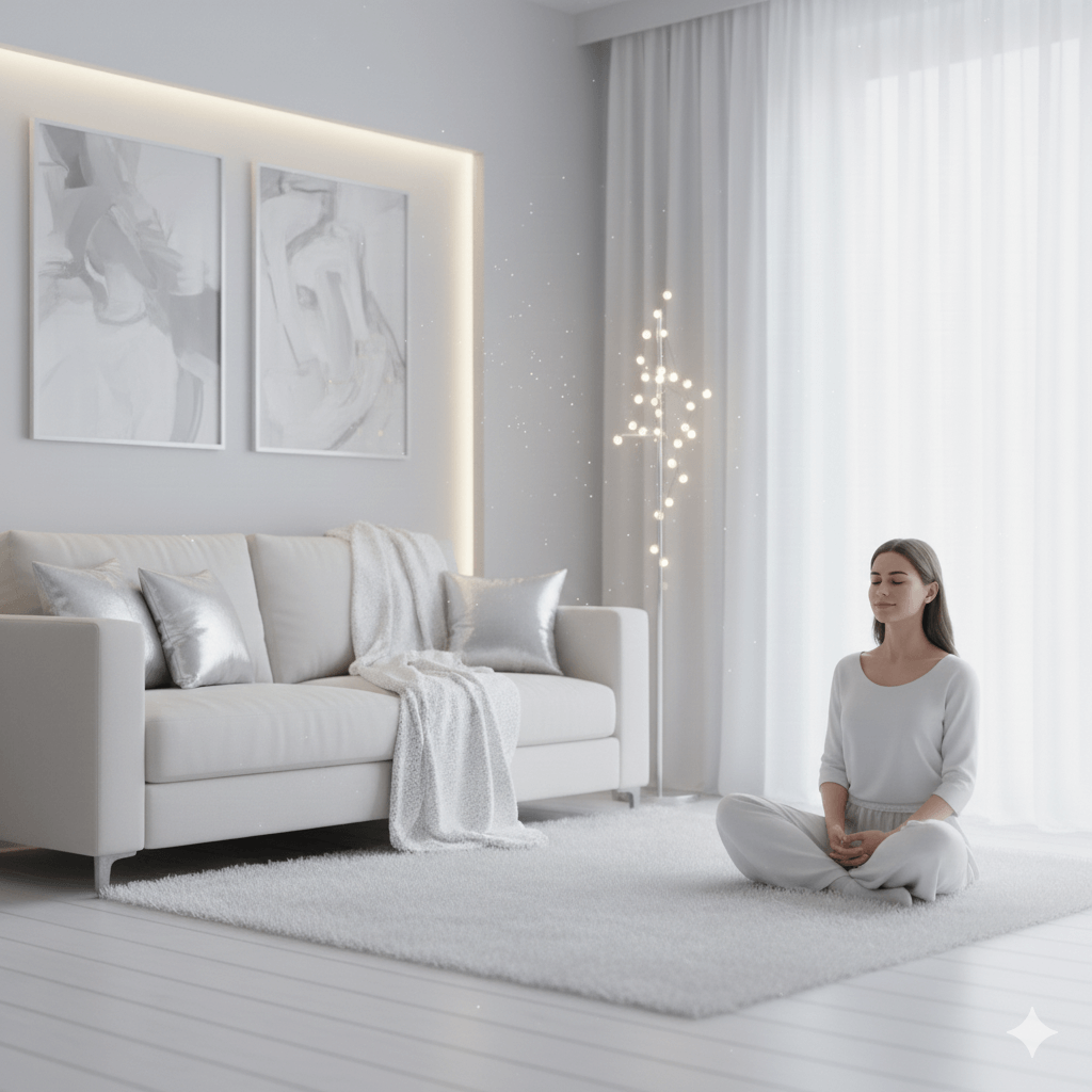 Woman meditating cross-legged on a white rug in a modern living room with a white sofa and abstract wall art.