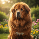 Large fluffy Tibetan Mastiff dog sitting in a garden with colorful flowers in soft sunlight.