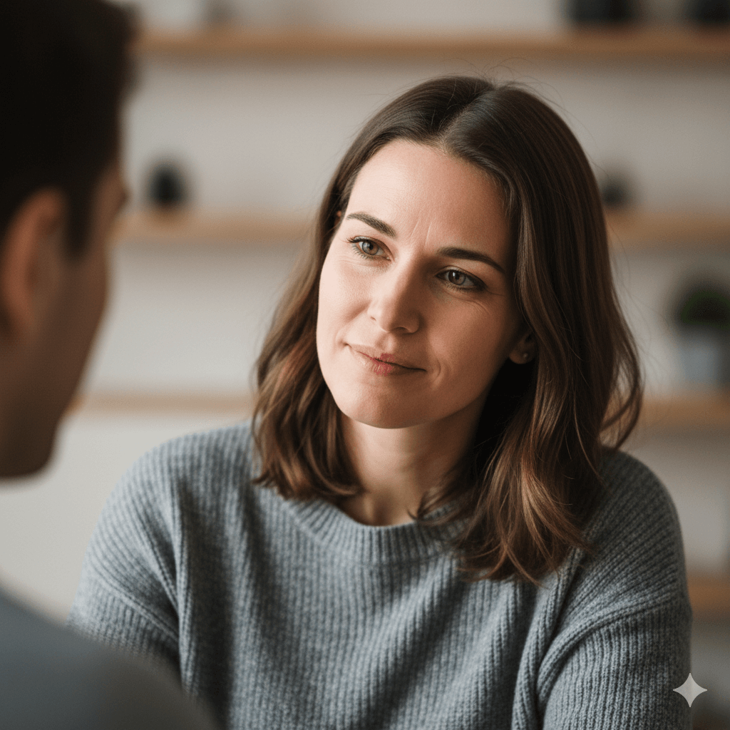 Woman in a gray sweater attentively listening to a man during a conversation indoors