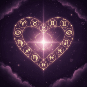 Glowing heart-shaped zodiac wheel with all 12 astrological signs on a purple starry background