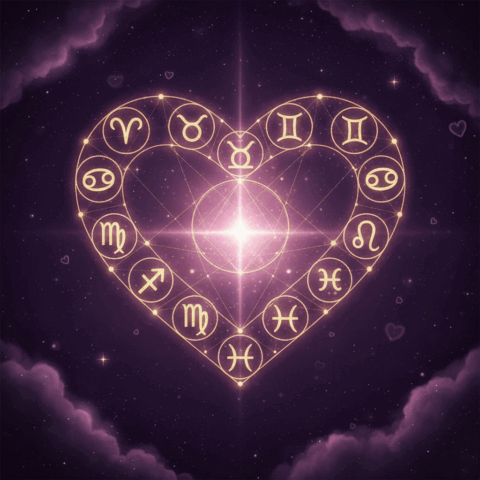 Glowing heart-shaped zodiac wheel with all 12 astrological signs on a purple starry background