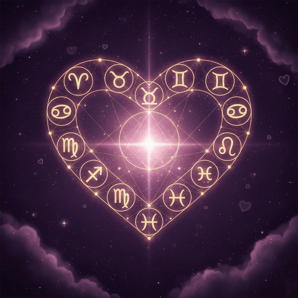 Glowing heart-shaped zodiac wheel with all 12 astrological signs on a purple starry background