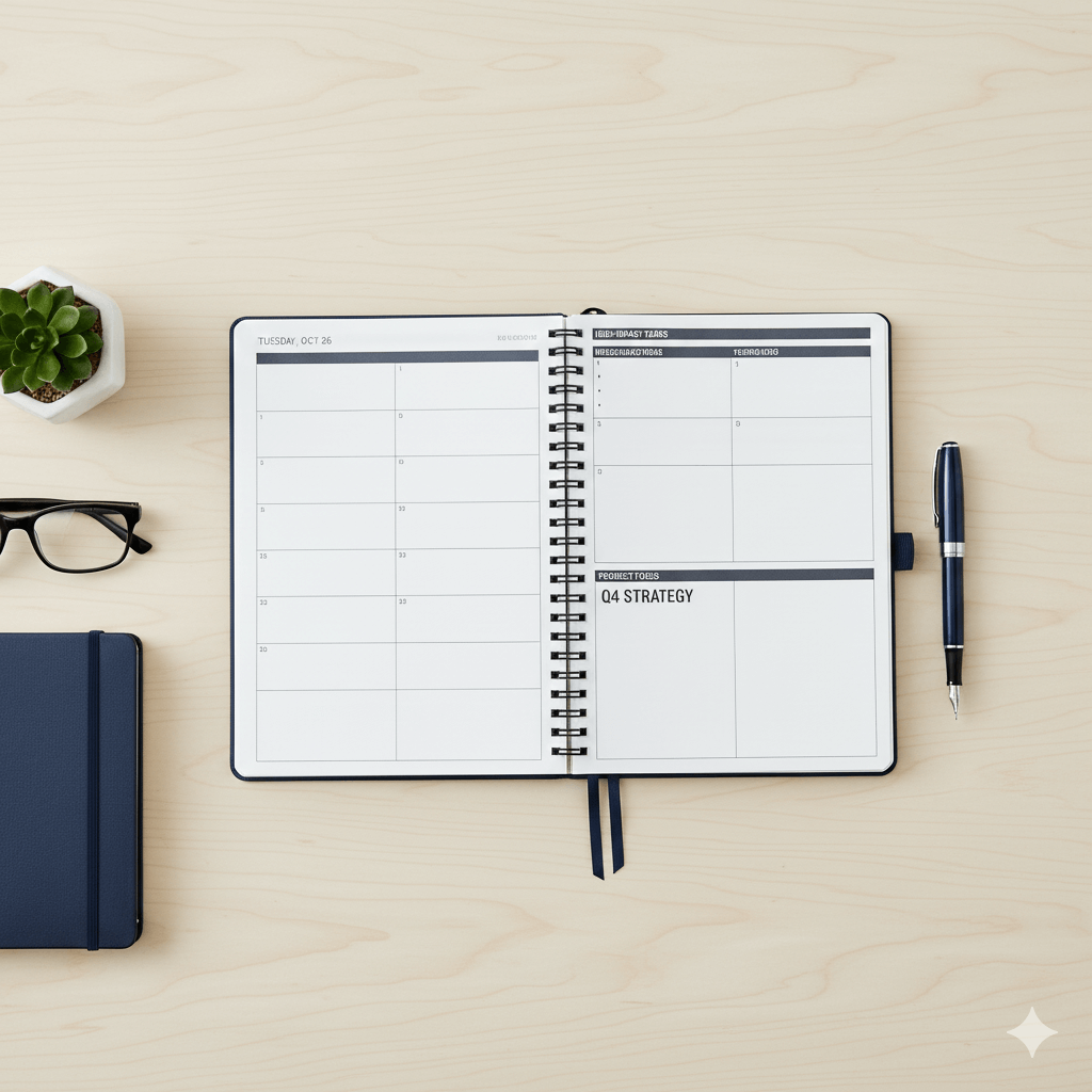 Open planner showing Tuesday, Oct 26 with "Q4 Strategy" notes, next to glasses, pen, succulent, and closed notebook on wood table.