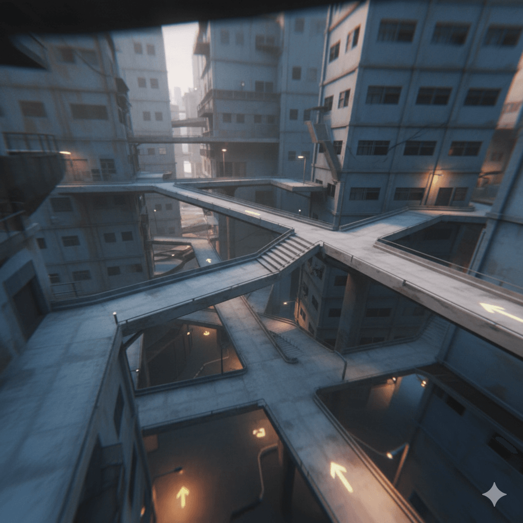 Futuristic urban complex with interconnected elevated walkways and staircases between tall buildings at dusk.