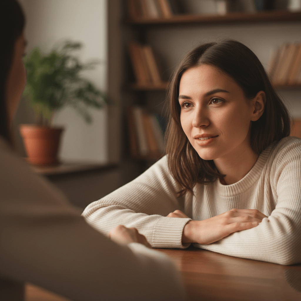 Young woman in a cream sweater attentively listening during a conversation at a wooden table in a cozy room with bookshelves.