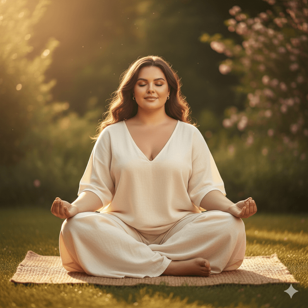 Woman in cream outfit meditating outdoors on a mat during golden hour sunlight