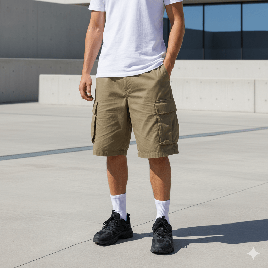 Man wearing khaki cargo shorts, white socks, black sneakers, and a white t-shirt standing outdoors
