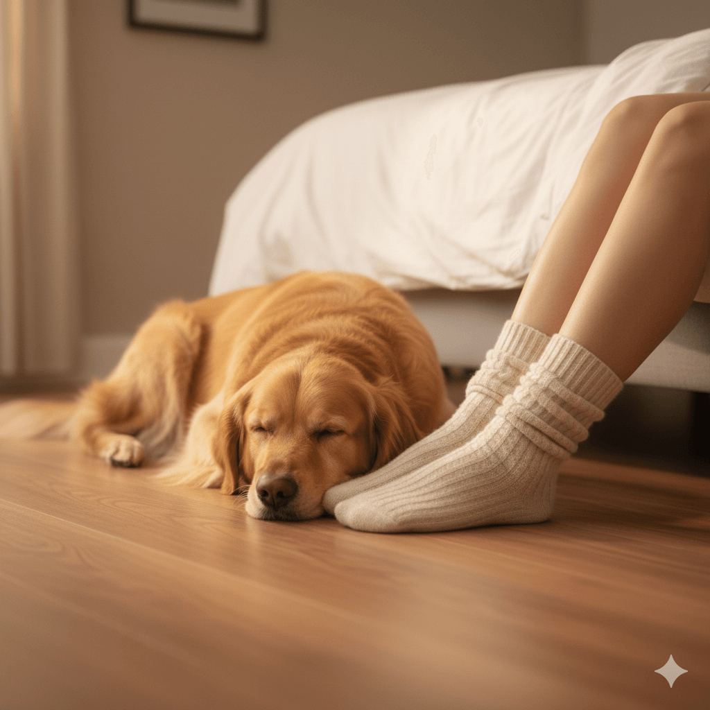 Golden retriever sleeping on wooden floor next to person wearing cozy cream-colored socks sitting on bed