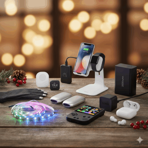 Wireless charging stand with iPhone and Apple Watch, Tile trackers, LED strip lights, gloves, portable power bank, earbuds, and handheld game console on wooden table.