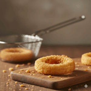 Golden fried onion rings on a wooden board with a metal frying basket in the background