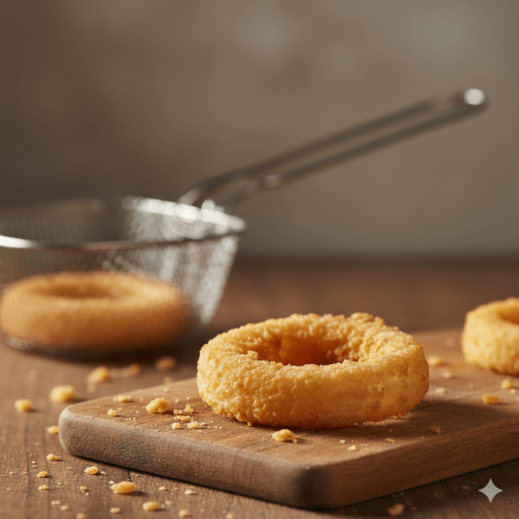 Golden fried onion rings on a wooden board with a metal frying basket in the background