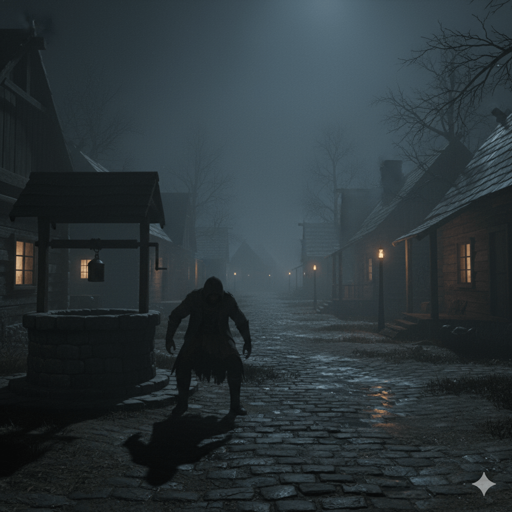 Silhouetted figure crouching on a foggy cobblestone street in a dimly lit medieval village at night.
