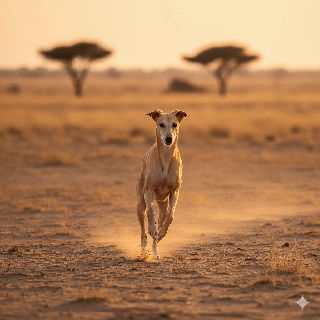 A slender tan dog running on dry ground with acacia trees in the background at sunset.