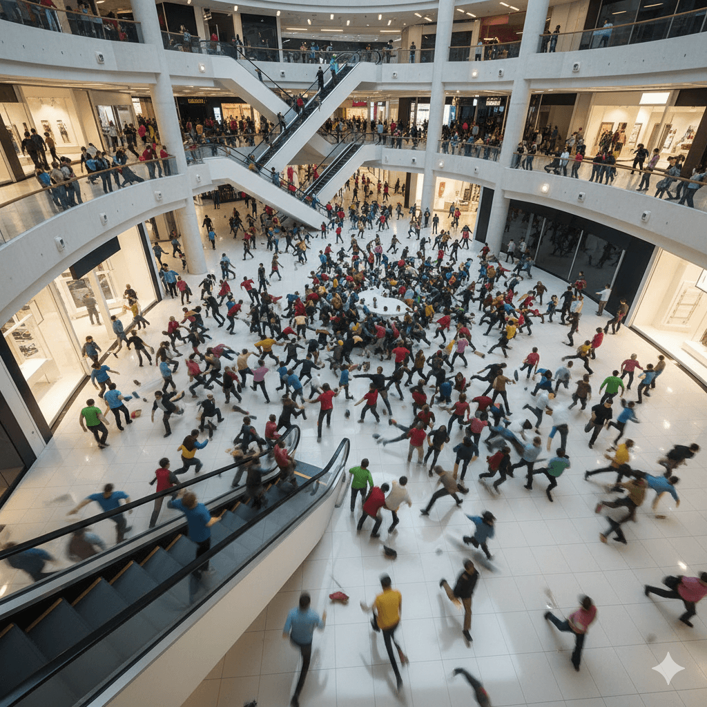 Hundreds of people running inside a multi-level shopping mall with escalators and glass railings.