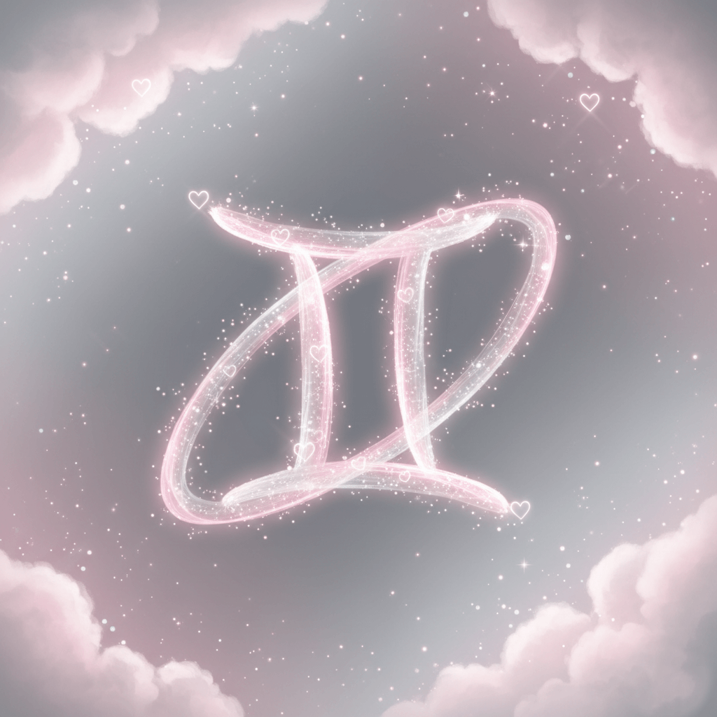 Glowing pink Gemini zodiac symbol surrounded by stars and soft pink clouds with small heart shapes.