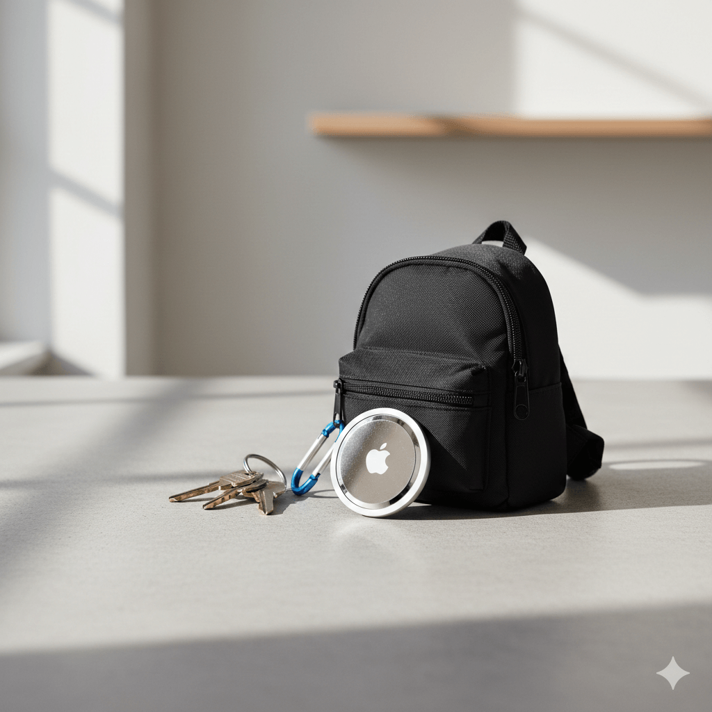 Black mini backpack with Apple AirTag and keys attached by a blue carabiner on a light surface.