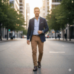 Man in navy blazer, light blue shirt, and tan pants walking confidently on a city street at sunset