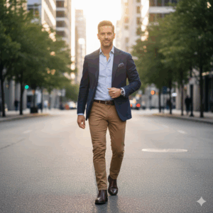 Man in navy blazer, light blue shirt, and tan pants walking confidently on a city street at sunset