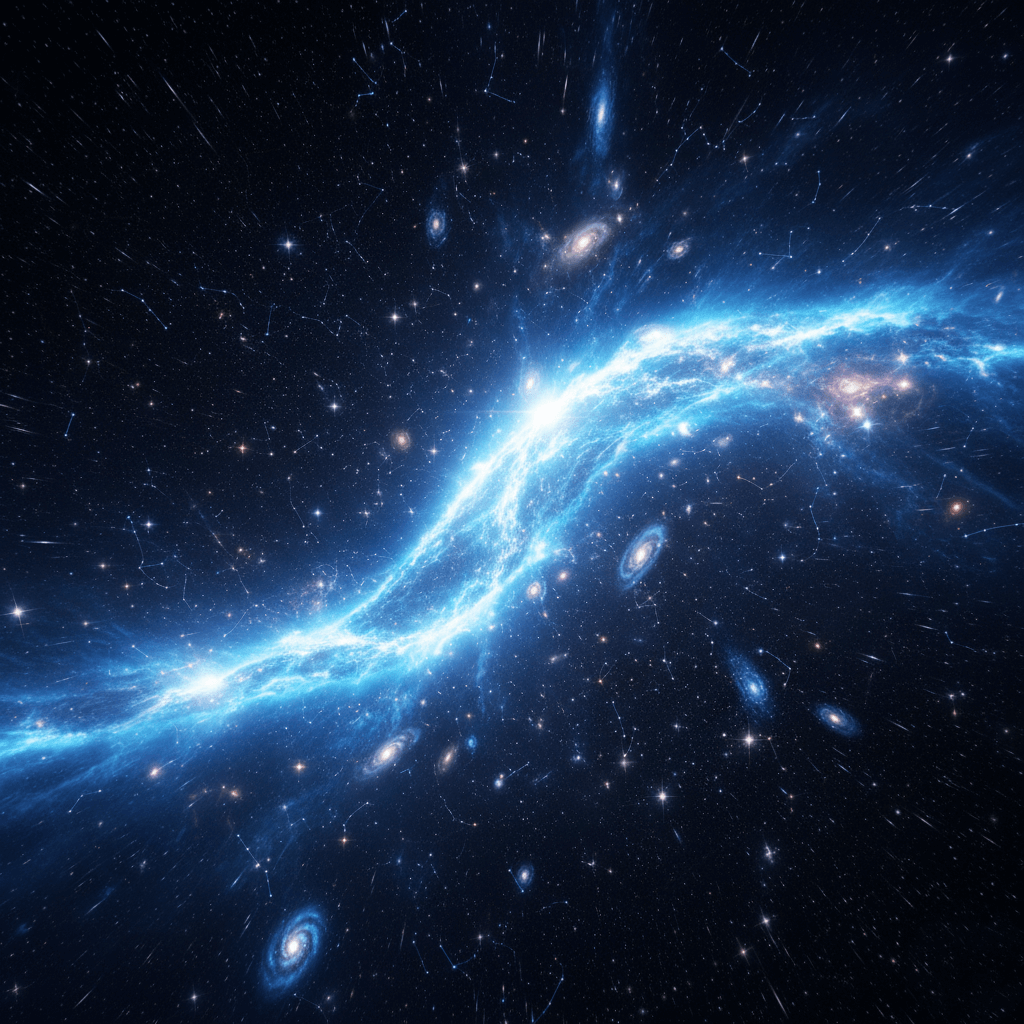 Bright blue cosmic nebula with swirling galaxies and numerous stars in deep space background