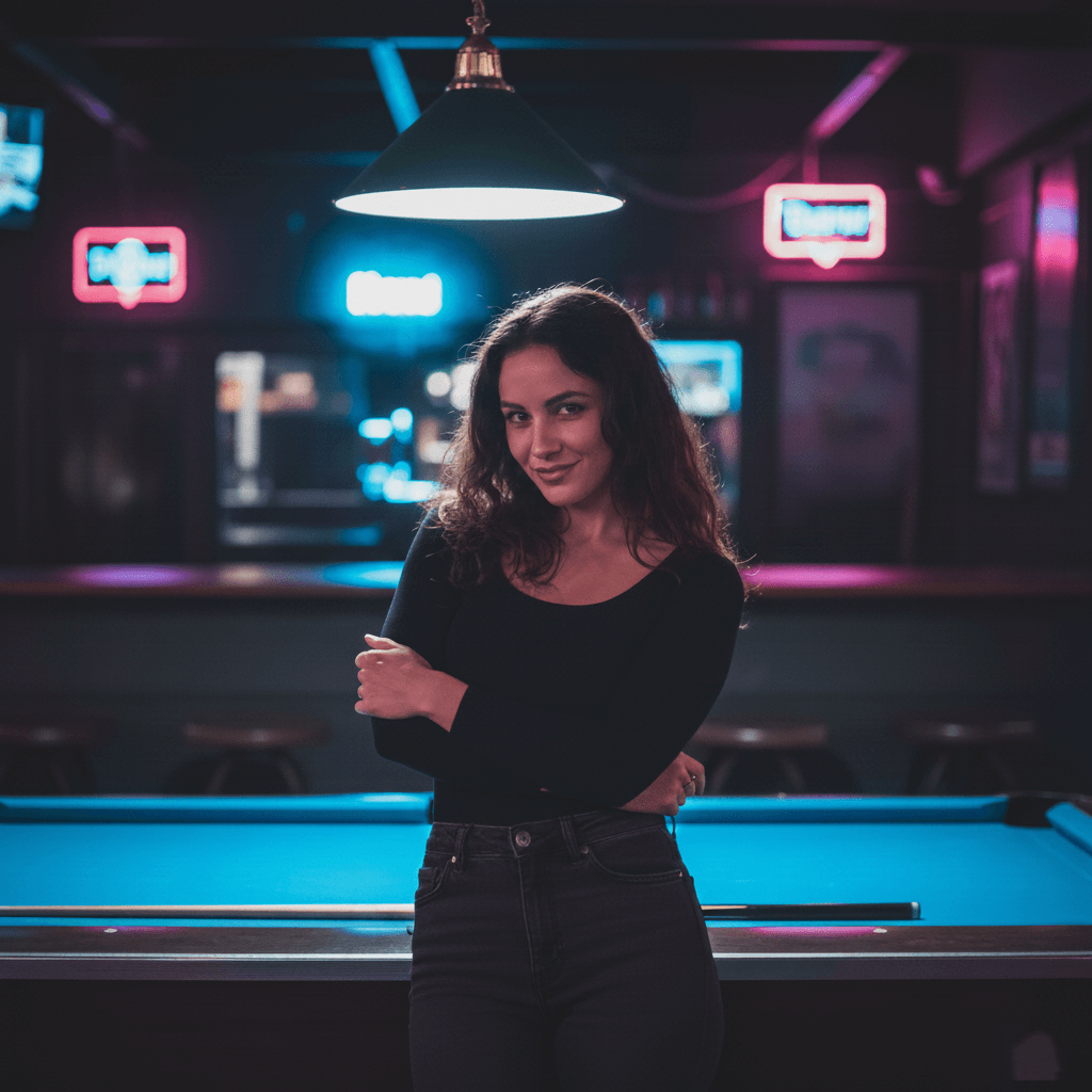 Young woman with long curly hair in black top and jeans standing with arms crossed by a pool table under a hanging light in a bar.