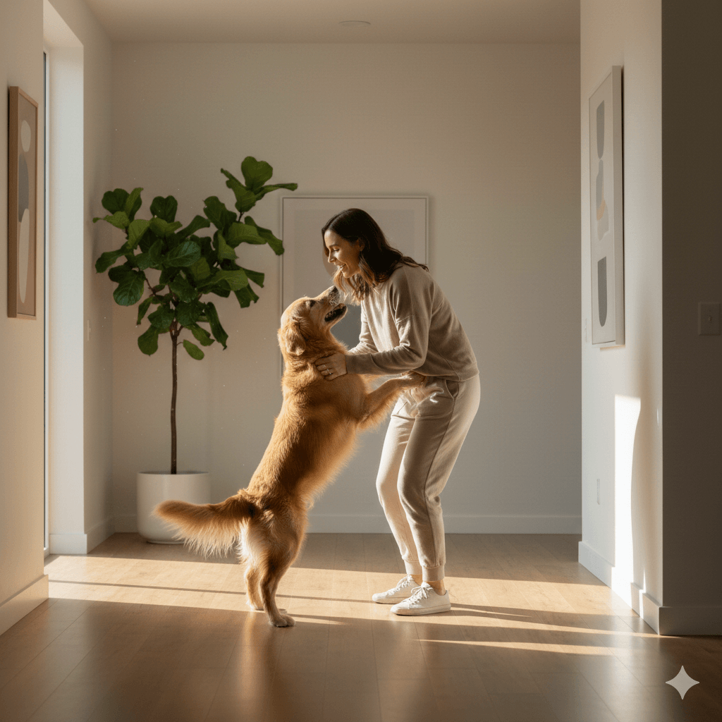 Woman in beige loungewear playing with a golden retriever standing on its hind legs in a sunlit room