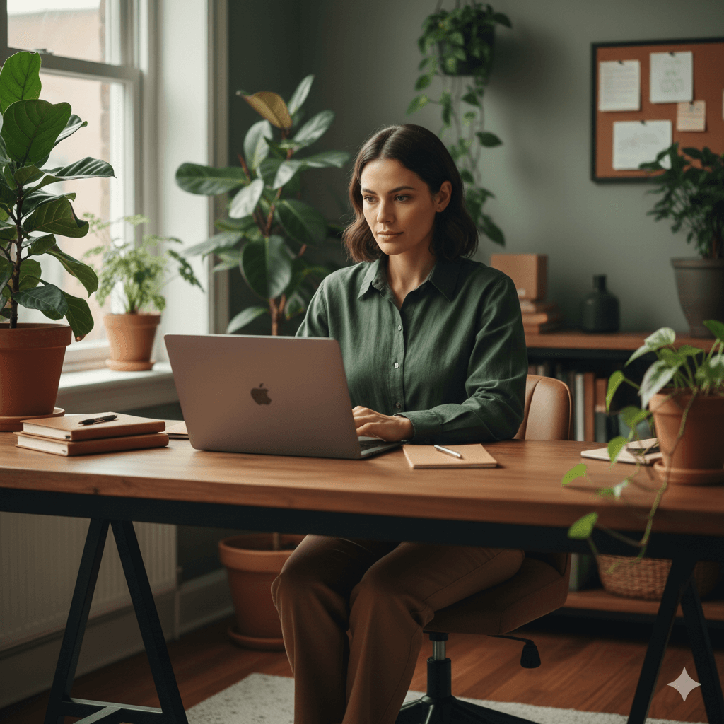 Woman in green shirt working on a MacBook laptop at a wooden desk surrounded by potted plants in a home office.